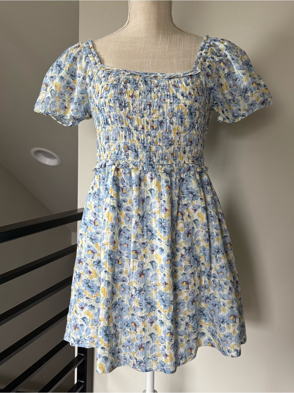 AE Printed Puff Sleeve Floral Babydoll Dress Sz S Cotton NWT